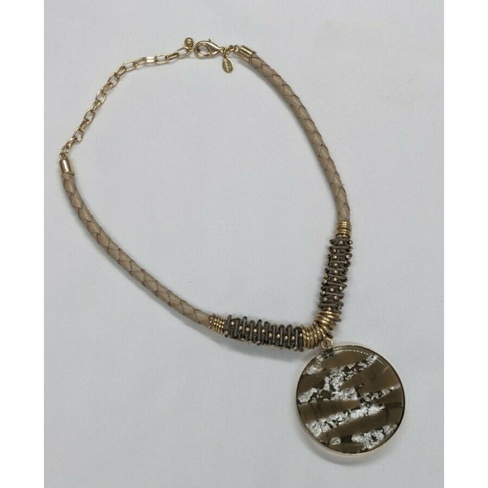 CHICO'S Pendant Necklace Circle Brown Gold Tone Silver Tone Metallic Tan Braided - Picture 2 of 9